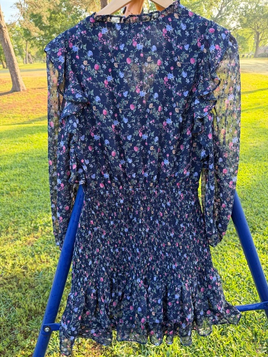 Lush Floral Smocked Mini Dress Medium Navy Blue Ruffle Long Sleeve Cottagecore - Picture 8 of 8